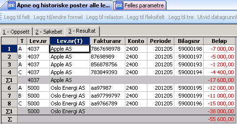 I eksempelet under har vi spurt etter åpne og historiske fakturaer for en periode for to leverandører. Selv om vi har sortert etter leverandørnummer får vi ikke opp korrekt delsum for hver leverandør.