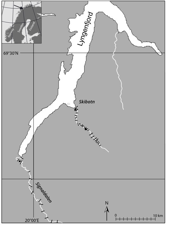 1 Materiale og metode 1.1 Studieområdet Undersøkelsen ble gjennomført i Skibotnelven og Signaldalselven i indre deler av Lyngenfjorden i Nord-Troms.