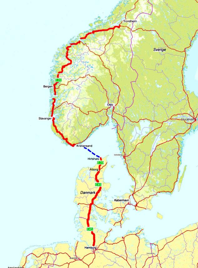 E39 E39 Kristiansand-Trondheim bortimot 1100 km E39 ferjeforbindelse Kristiansand-Hirtshals i Danmark