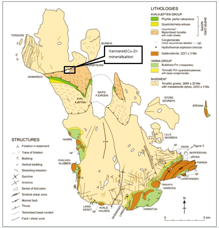 Resultater 2012 Vannøy Vannareid Cu-Zn: Kjerneboret 870m på en sone som lekker Cu og Zn, og med diffus negativ geofysisk signatur kompatibel med omvandlingssone.