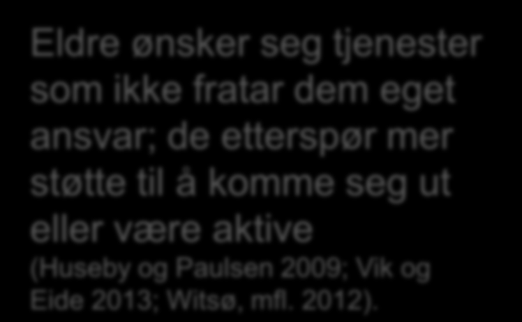 Eldre ønsker seg tjenester som ikke fratar dem eget ansvar; de etterspør mer støtte 1. til å komme seg ut eller være aktive Hverdagsrehabilitering er 2.