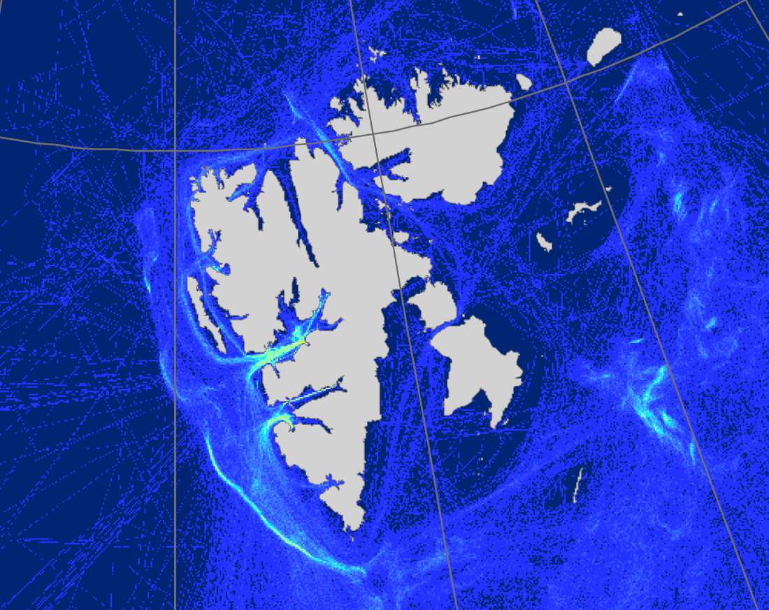 Figur 22 Tetthetsplott for skipstrafikk i region Svalbard, basert