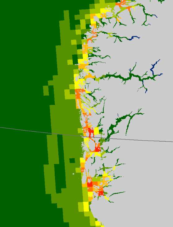 Figur 53 Forventet antall årlige skipsulykker med oljeutslipp per grid