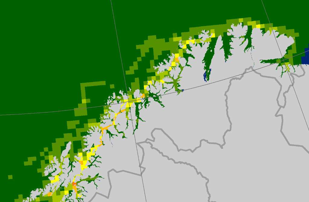 Figur 56 Forventet antall årlige skipsulykker med oljeutslipp per grid celle