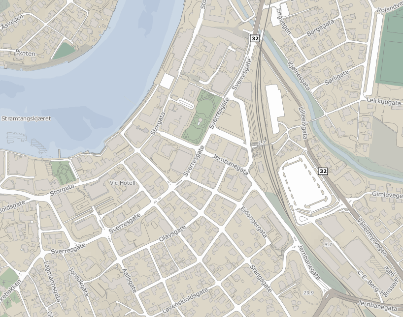 5.14 Sverresgate 5.14.1 Dagens situasjon Den aktuelle strekningen går mellom holdeplass Meieritorvet i Storgata og holdeplass Porsgrunn Terminal via holdeplass Aallsgate i Sverresgate.