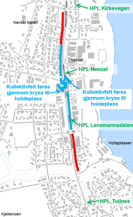 6.4 Strekning 4 Rv. 36: Tollnes - Kirkevegen Strekningen går mellom holdeplassene Tollnes og Kirkevegen på rv. 36. Strekningen betjenes av linje M2 med 6 bussavganger per time i hver retning i rushperiodene.