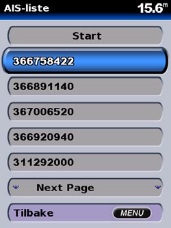 Se side 30 hvis du vil ha mer informasjon. AIS-liste vis informasjon om alle båter enheten overvåker.