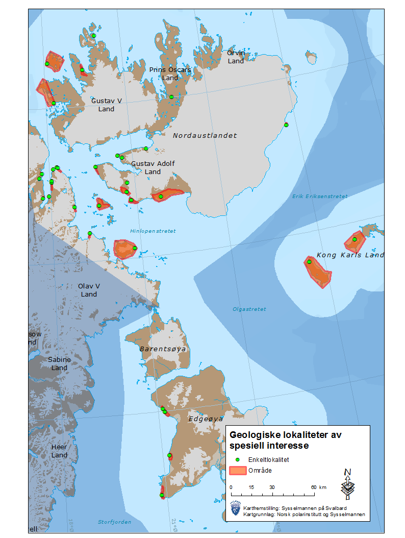 Temakart 1: Geologiske lokaliteter med spesiell interesse på Øst- Svalbard* *) Rapporten Geologiske forhold
