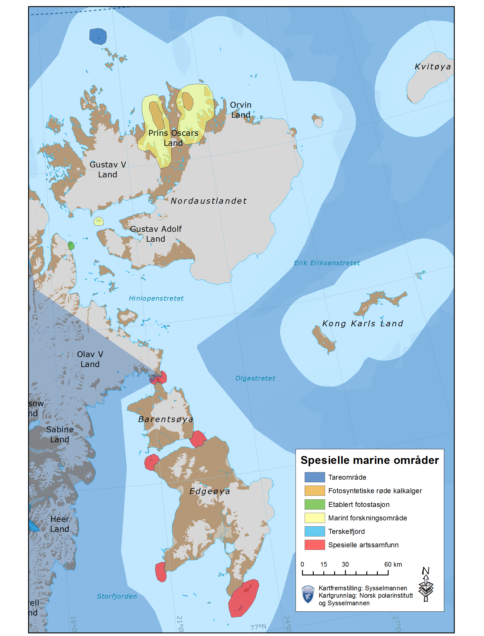 Temakart 9: Spesielle marine områder på Øst-Svalbard Kilde: Rapporten Assessment of bentic macrofaunal oil spill