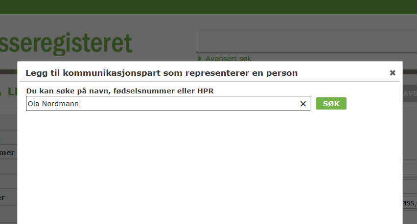 Under kommunikasjonspartene finnes knappen Legg til. Søk etter person for registrering som kommunikasjonspart.