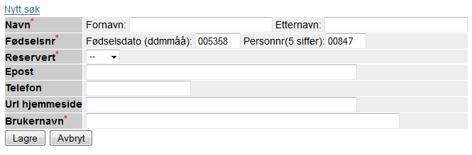 Registrere person i systemet Dersom fødselsnummeret ikke allerede er registrert i CRIStin, vil du få opp denne menyen. Informasjon merket med rød stjerne er obligatorisk. I Reservert skal det stå Nei.