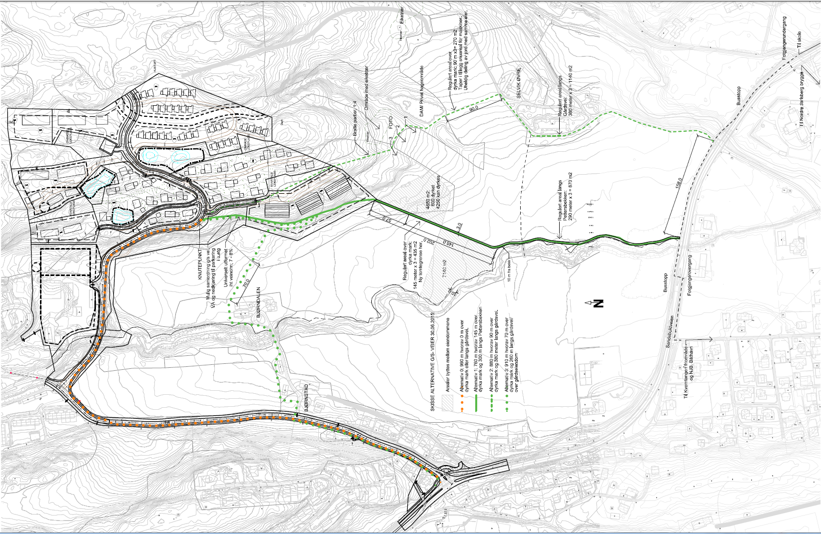 1. Pettersbekken Trasé: Gjennom boligområde til sørspissen av det nye planområde, over dyrket mark ned til Pettersbekken og videre langs Pettersbekken. Distanse: Ca.