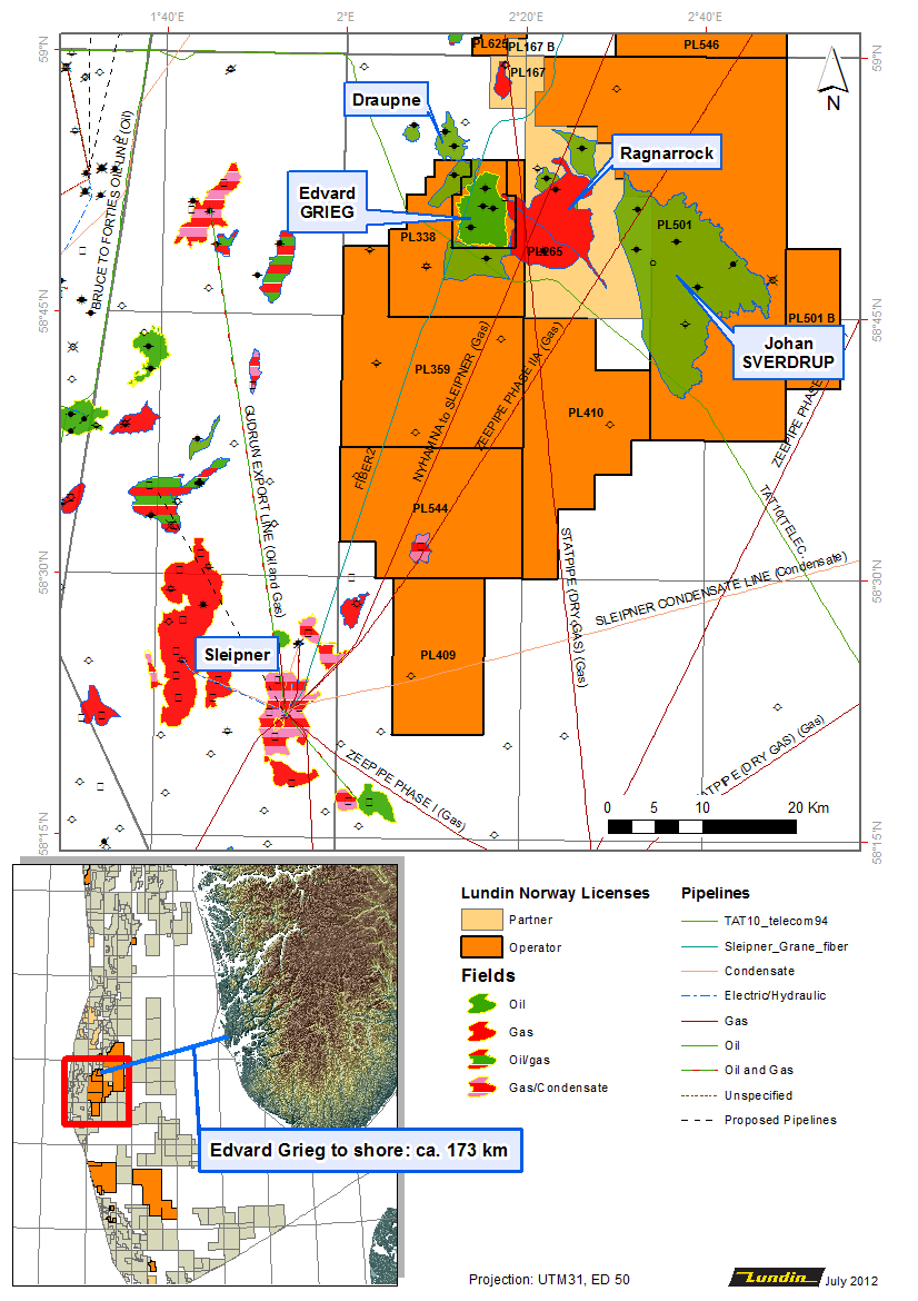 KU Samfunn - Utsira High Gas Pipeline (Edvard Grieg gas pipeline) 8 Figur 1 Lokalisering av Edvard Grieg-feltet Hovedalternativet for eksport av olje er som tidligere en rørledning til Grane