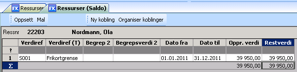 Dette skjermbildet gir en oversikt over alle satser som gjelder for en ansatt på en gitt dato. Du kan også definere og vedlikeholde satser for ressursen her.