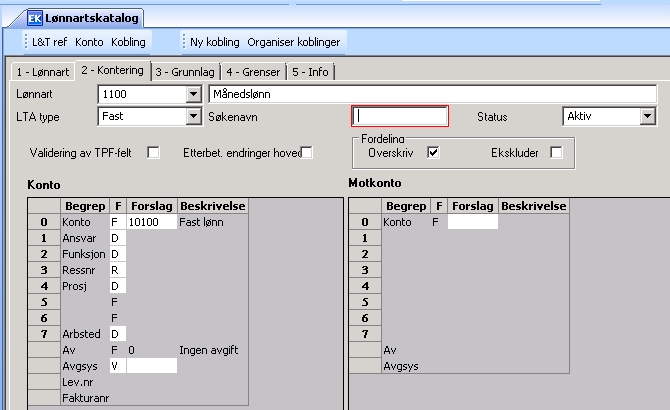 3.3 Skillekortet Kontering I dette skillearket spesifiserer vi hvor lønnarten skal konteres i hovedboken. For månedslønn ønsker vi at denne skal konteres på konto 10100 Fast lønn.