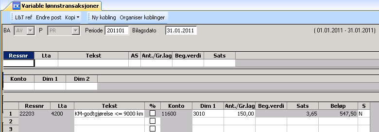 Feltet Periode vil automatisk ta utgangspunkt i aktuell måned. Er transaksjonene registrert på en annen periode må feltet settes til 0 (null) for å få frem alle transaksjonene.