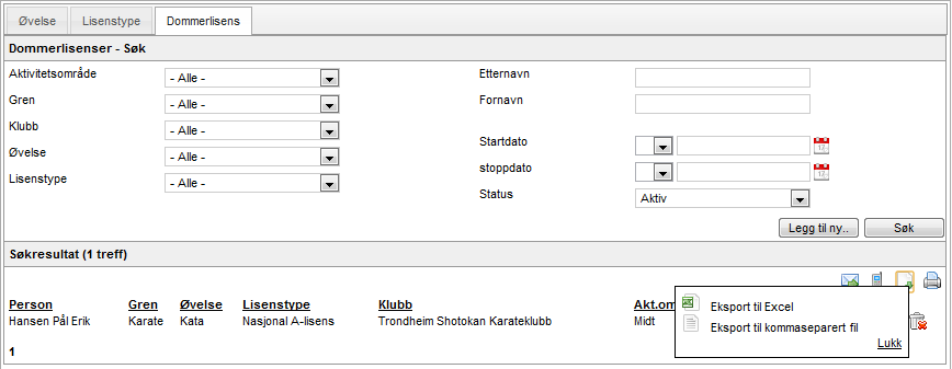 Når en har angitt alle påkrevde felt (*), velger en Opprett for å lagre aktuell dommerlisens. Klikk på opprett og dette bildet kommer frem (bekreftelse): Deretter kan neste dommer legges inn.