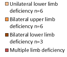 Congenital limb deficiency n=67 0 6 6 3 6 Unilateral upper limb deficiency n=46 Multiple/lower limb deficiency n=21 46 Unilateral lower limb deficiency n=6 Bilateral upper limb deficiency n=6