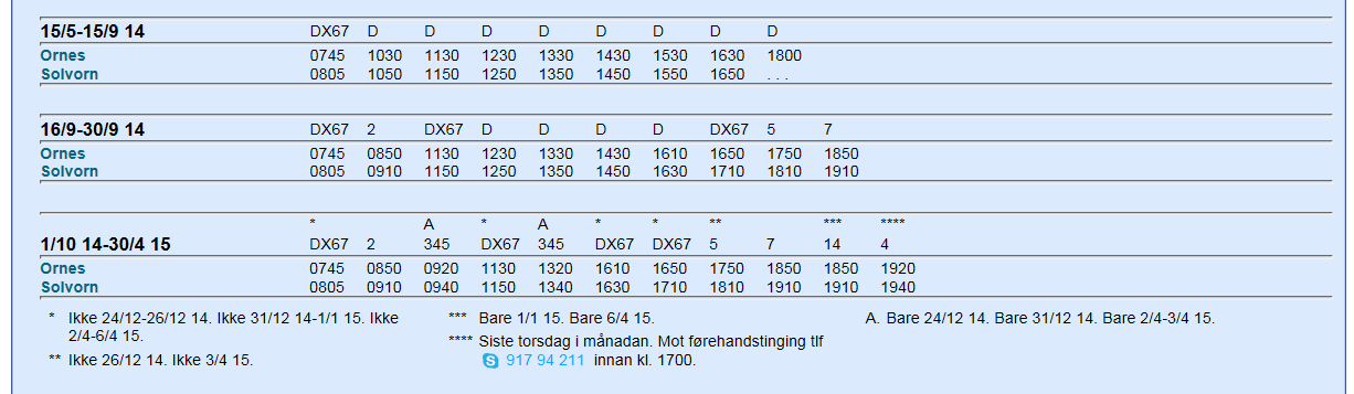 Side 8 Kjøp av ferjetenester Solvorn-Ornes i Luster kommune 2014 Ferja går frå 15.5.2014 til 30.4.2015 til følgjande tider (www.rutebok.