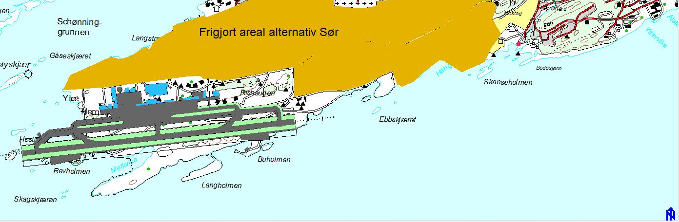 Vurderinger 1. Byutvikling og arealvurdering. Byen kan utvikles videre på en god måte med begge alternativene for ny lufthavn. Tilgjengelig areal for lufthavn nord er ca. 3000 dekar for byutvikling.