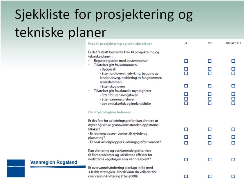 Sjekkliste for prosjektering og tekniske planer går over fire sider.