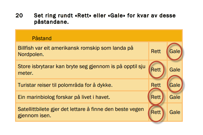 Oppgåve 20: Set ring rundt Rett eller Gale for kvar av desse påstandane. Målet med oppgåva: Å tolke og forstå.