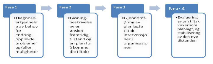 Figur 3: Sentrale faser i en planlagt endringsprosess. Kilde: Jacobsen 2012, 38. I dette perspektivet bunner ofte problemer i organisasjonen i at strukturer er lite hensiktsmessige og effektive.