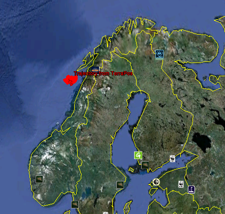 (a) Sporlog fra Csrs. (b) Sporlog fra Terrapos. Figur 5.1: Sporlogg av Sjøkartverkets rute under sjøkartlegingen utenfor Lofoten i Norge den 05/07-2011. Figur 5.1a viser bilde fra resultatfilene som følger med fra Csrs, mens figur 5.