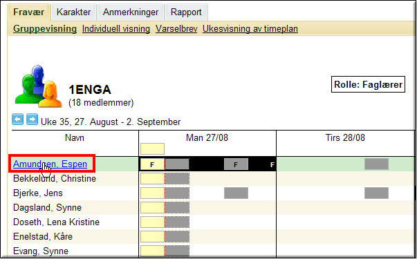 eller velge Individuell visning fra undermenyen: Kontaktlærer: Under gruppevisning vil også Oppgaveliste bli synlig: Her