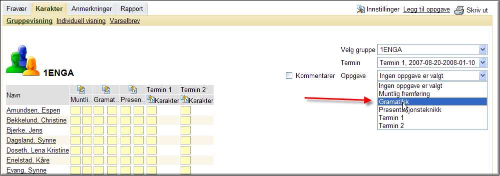 nedtrekksmenyen helt til høyre kan du velge relevant oppgave.