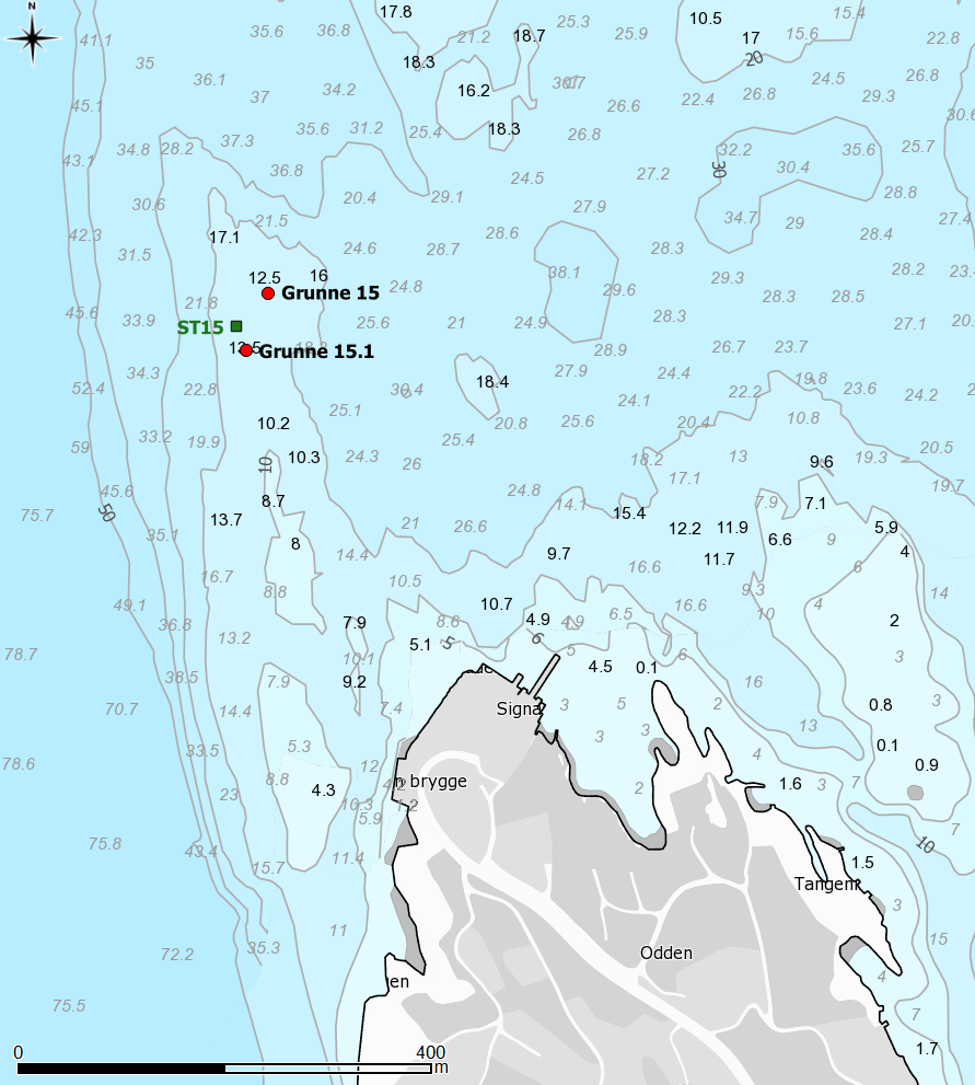 Figur 21. Grunnene 15 og 15.1 (markert i rødt) lokalisert i Nesodden kommune. Multiconsult (2015) sedimentstasjoner = grønn firkant. 5.6.13 Grunne 16 Ønsket tiltaksdyp på grunne16 er 14,3 meter.