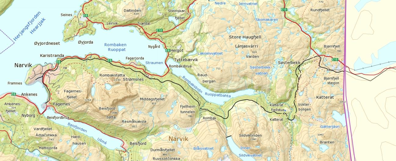 Mellom Narvik og Kiruna er det 171,8 km. Banen er enkeltsporet og ikke tilknyttet det øvrige banenettet i Norge, men banen er knyttet til det svenske banenettet via Malmbanan.