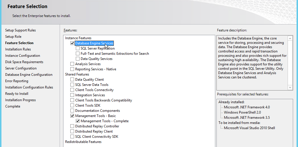 IDRI2001 Drift av datasystemer side 6 av 14 Vi velger nå SQL Server Feature Installation siden vi får mulighet her til å velge de Features vi trenger.