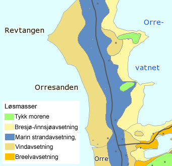 2.2 Løsmasser Den informasjonen Norges geologiske undersøkelse (NGU) har av området, viser at det hovedsakelig er vindavsatt materiale (sand) i hele studieområdet (se figur 2.2.1), og det er kun lenger innenfor feltet det er marine strandavsetninger (NGU, 2013).