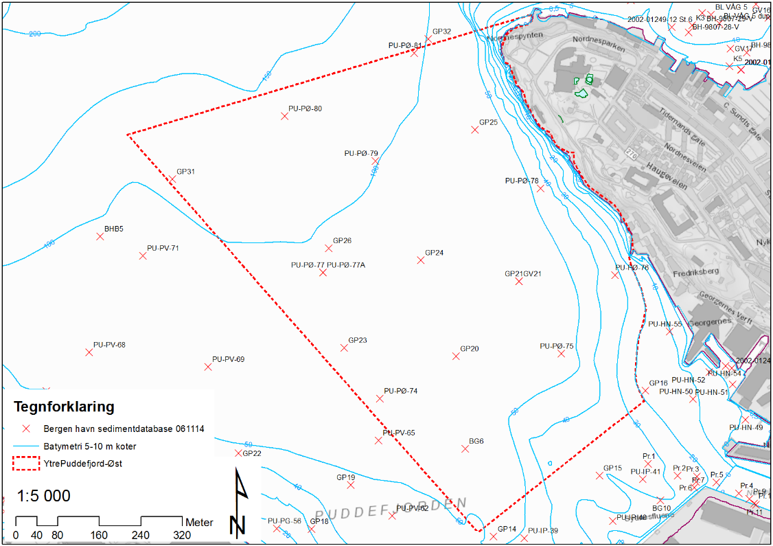 46 3.12 Ytre Puddefjord øst Ytre Puddefjord øst er 474 000 m² og dekker områdene som grenser opp til Nordnes og ytre del av Vågen. Delområdet går fra ca. 0-150 m dyp.