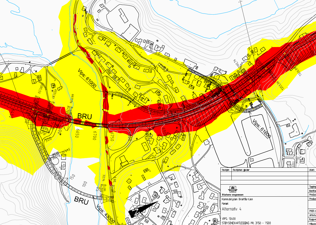 Omfang og konsekvenser Figur 6-1: Utsnitt fra støysonekart. Alt. 4 gjennom Vegset 6.