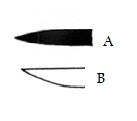 Figur 4.2 Knivblad med mål som viser hvor det er tatt mål. Et annet problem er at mange av knivene har helt klare bruksspor på bladet (figur 4.3).