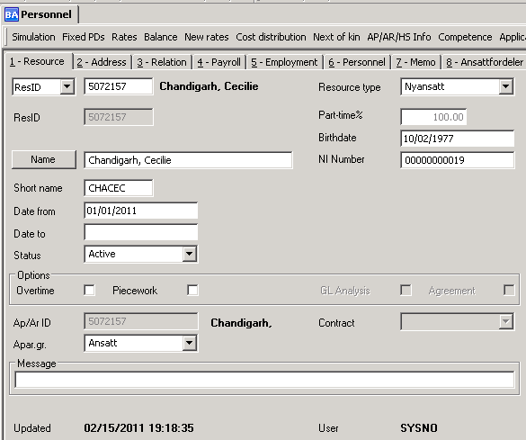 8.2.1. Skillekortet ressurs Ved overføring av nyansatt (personer som ikke finnes i ressursregisteret fra før) vil systemet automatisk tildele et nytt ressursnummer.