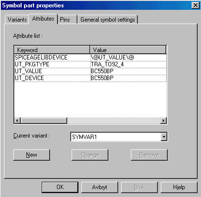 Dette skjermbildet dukker da opp. Fig. 3.4 Egenskaper til et symbol I dette vinduet kan egenskapene til symbolet endres. Mange transistorer har samme fysiske innpakning (UT_PKGTYPE).