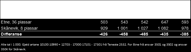 kommunen med fråtrekk av diverse utgifter, her merka med grønt. Ut frå dette syner tabellen ei netto inntekt per sjukeheimsplass på kr 110 333 i Etne og kr 45 920 i Skånevik.