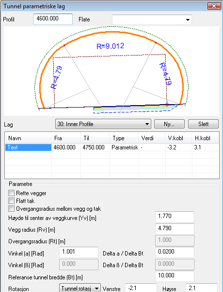 Parametrisk tunnel Kobler konturen på flater i veg Ekstra viktig når flatene i veien er bygget mot linjer