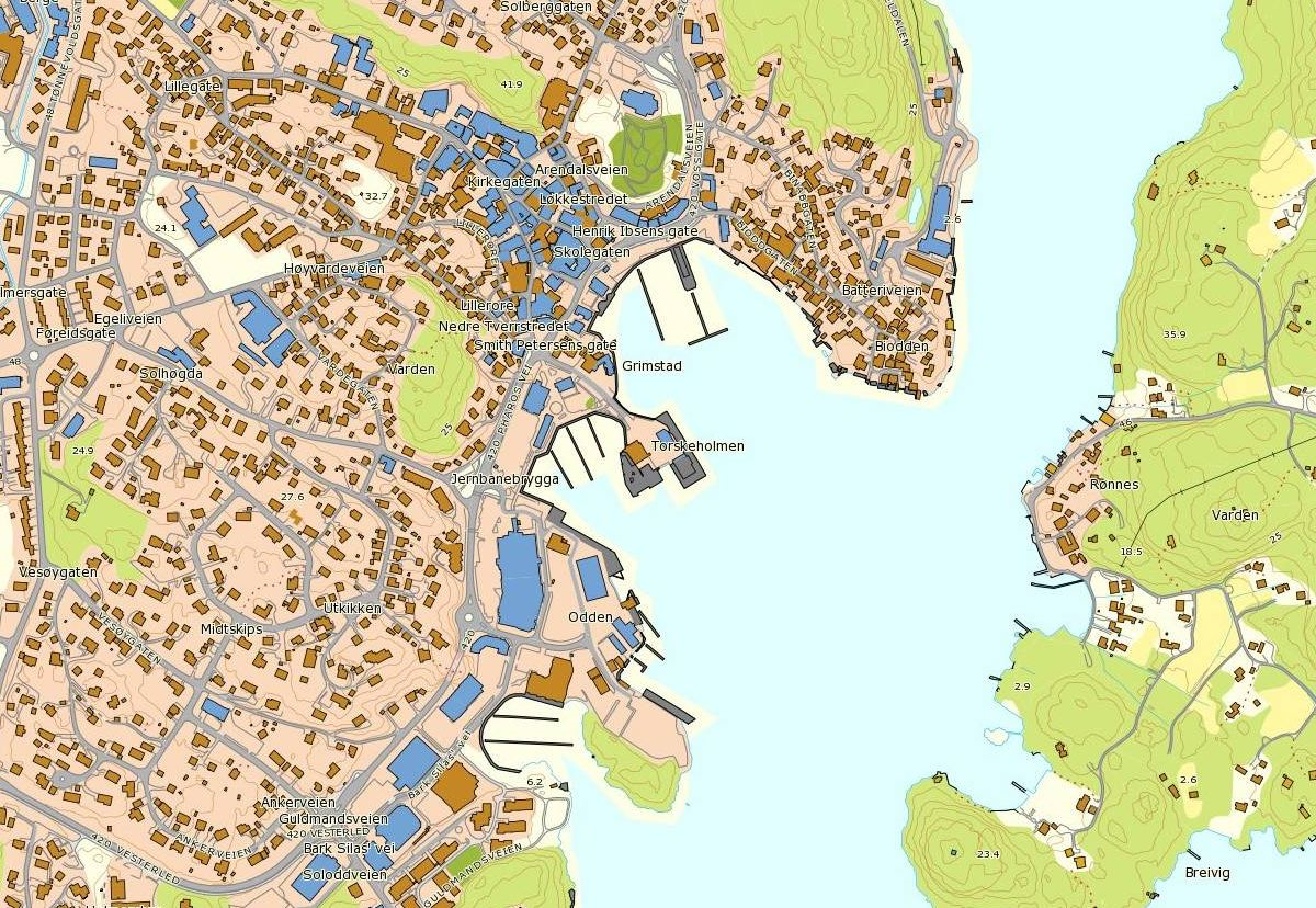 MILJØUNDERSØKELSE OG FORSLAG TIL TILTAK 7 Figur 1: Oversiktskart med Odden senter markert i sort sirkel. (Kilde: kartportalen til Grimstad kommune) 1.