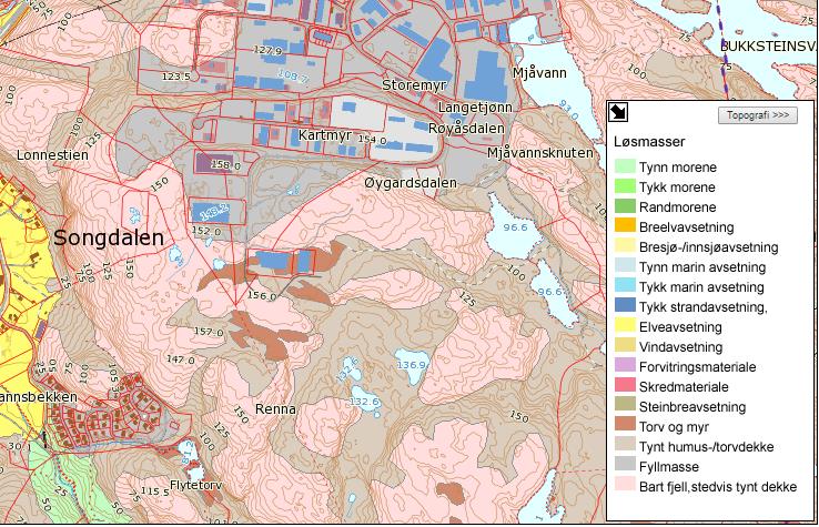 9 Området har basefattige grunnfjellsbergarter (gneis og granitt). Berggrunnen er flekkvis dekket av tynt torv/humusdekke med spredte forekomster av mektigere torv/myr i konkaver, se Figur 2.