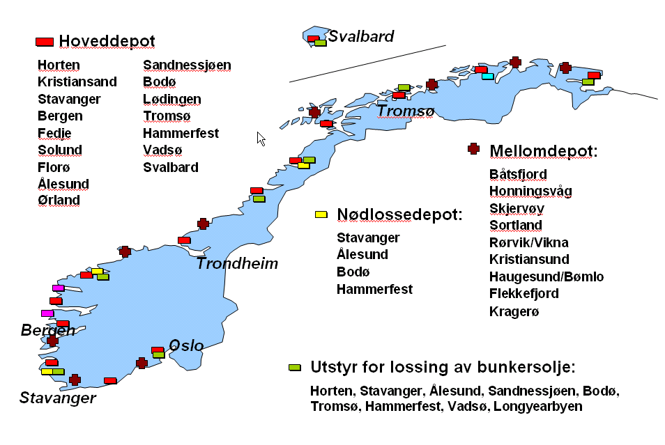 Lødingen, Tromsø, Hammerfest og Vadsø, samt mellomdepotene på Sortland, Skjervøy, Honningsvåg og Båtsfjord, og eventuelt nødlosseutstyr fra Bodø, Tromsø, Hammerfest, Vadsø og Longyearbyen.