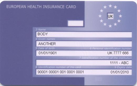 Velger i dette eksempelet EHIC (European Health Insurance Card) som er mest vanlig dokumentasjon Klikk Lagre Eksempel på hvordan EHIC-kortet ser ut Følgende boks kommer opp Registrer