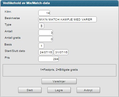 Page 4 of 10 Inngangsbildet i programmet viser oversikt over eksisterende Mix`n Match, med mulighet for endring og opprettelse av nye Mix n Match tabeller.