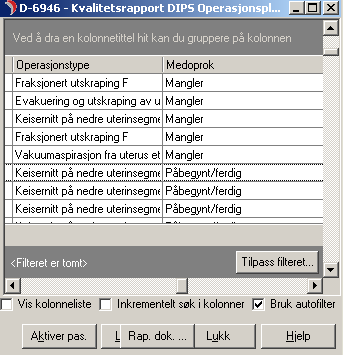 Sykehuset Østfold DIPS brukerhåndbok Operasjon Side 55 av 64 Fyll inn periode og sett hake for avdeling. Velg Tabellvisning. (Ev bestill rapporten). Sorter på kolonnen Medoprk.