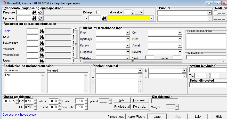 Sykehuset Østfold DIPS brukerhåndbok Operasjon Side 6 av 64 Bildet Registrer operasjon åpner seg: Fyll inn Diagnosekode og Oprkode, trykk tabulator-tasten og det gule feltet operasjonstype fyller seg