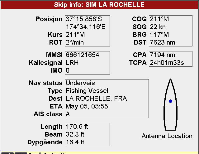 Når markøren er plassert over et AIS-skip i minst 2 sekunder, vil et lite dataskjermbilde vises nederst i skjermbildet med informasjon om AIS-skipet. For fullstendig AIS-informasjon over AIS-skip >.