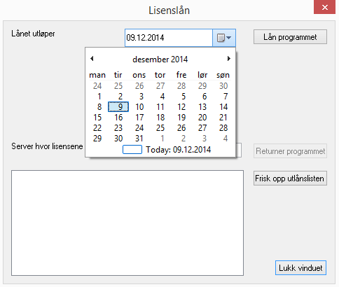 Låne lisenser Har du nettlisens kan den lånes til lokal PC for bruk utenfor nettverket. Velg i kalender når lånet skal utløpe. Maks. lånetider 2 måneder.